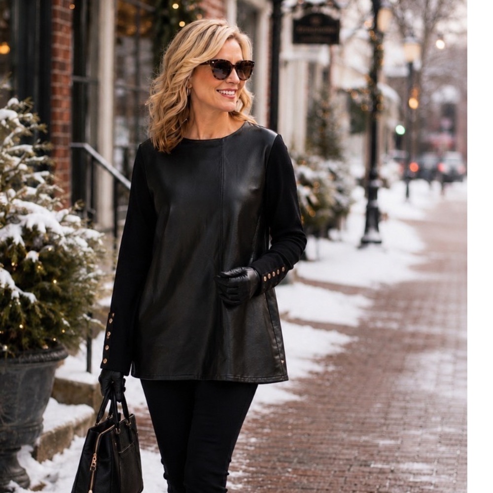 Marc New York Faux Leather Front Tunic Top Black Long Sleeve Gold Button Sz s